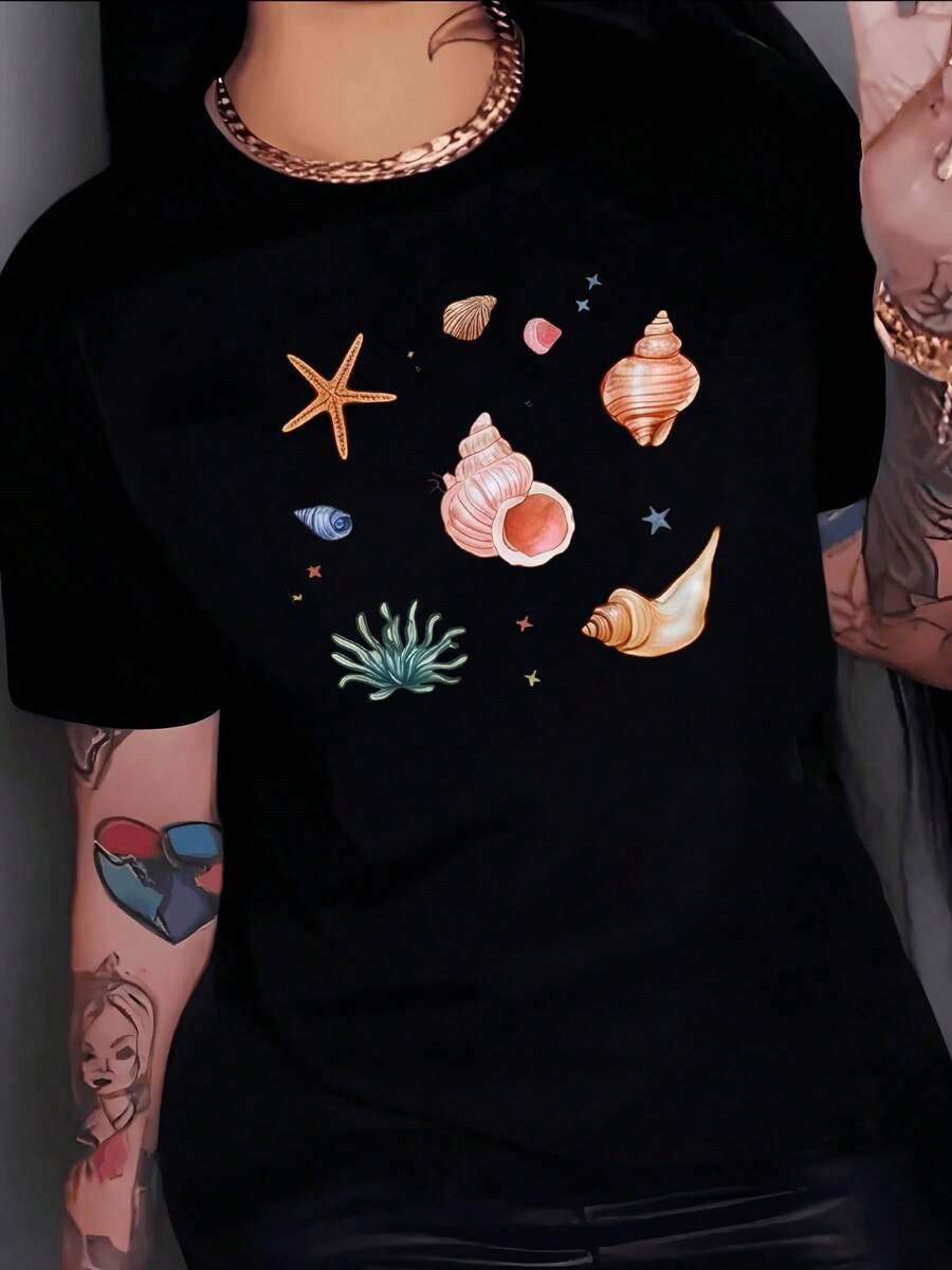 Conchas marinas estrellas de mar y caracoles simbolizan la calma del océano la conexión con la naturaleza y el espíritu libre camiseta de mujer casual cómoda y moderna para verano playa - Negro - Ver 1