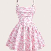 MOD Women's Floral Print Ruffle Spaghetti Strap Short Dress, Vacation Style Floral Dress Women Summer Outfits For Women Streetwear For Women Vacation, , Spring/Summer Outfit, Picnic Outfit, Party , Holidays, Birthday, Festival, Wedding Garden Party Dresses,  Pink Flower Dress - Rosa - Ver 2