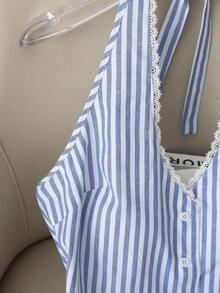 top de verano para mujer con cuello halter y volantes, blusa elegante y sexy con rayas frescas, blusa con cuello halter, adecuada para vacaciones, citas, blusa a rayas azules código Z65c7, ropa de descuento para mujeres, blusas elegantes y de - Azul - Ver 7