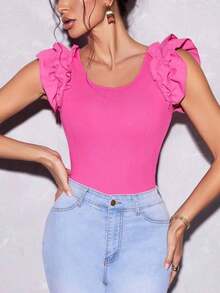 Camiseta de manga corta ajustada con cuello cuadrado de unicolor para mujeres - Rosa Fucsia - Ver 6