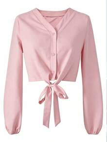Blusa elegante y versátil con nudo delantero de unicolor para mujer, apta para uso casual diario, en el hogar, para ir al trabajo y en citas, primavera - Rosa - Ver 5