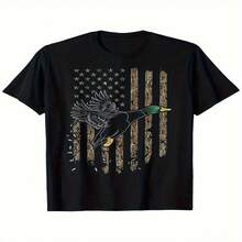 Camiseta exclusiva para adolescentes con dise?o de cazador de patos y bandera estadounidense, ideal para el Día de la Independencia y el Día del Padre. 100% algodón, manga corta, ajuste cómodo, dise?o de aves acuáticas y camuflaje. Regalo ideal para hombres y mujeres. Apta para todas las estaciones. Ropa patriótica. Material de algodón tejido. - Negro - Ver 1