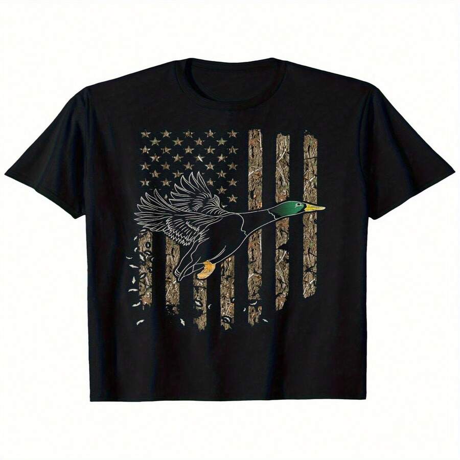Camiseta exclusiva para adolescentes con dise?o de cazador de patos y bandera estadounidense, ideal para el Día de la Independencia y el Día del Padre. 100% algodón, manga corta, ajuste cómodo, dise?o de aves acuáticas y camuflaje. Regalo ideal para hombres y mujeres. Apta para todas las estaciones. Ropa patriótica. Material de algodón tejido. - Negro - Ver 1