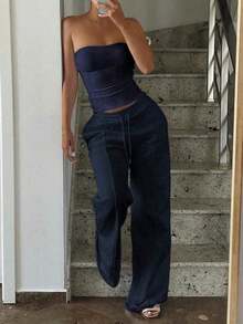 Conjunto de 2 piezas de ropa de otoño Vaiaye: Top corto ajustado y sexy sin tirantes, camiseta básica de unicolor elástica y ajustada, top tipo bandeau para yoga; Conjunto de pantalones para primavera/verano - Marina de - Ver 1