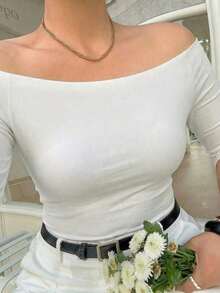 Curve Camiseta de verano elegante y ajustada de unicolor con hombros descubiertos para tallas grandes - Blanco - Ver 5