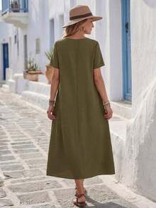 Vestido casual de mujer de unicolor con doble bolsillo - Verde - Ver 2