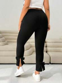 Pantalones casuales ajustados de color negro con decoración de moño y abertura lateral para mujer de talla grande, para verano, otoño, lindos, vacaciones en la playa, estilo occidental, concierto de música country, escuela, brunch - Negro - Ver 8