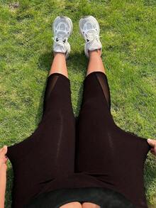 Leggings de cintura ancha de malla en contraste - Marrón Chocolate - Ver 4