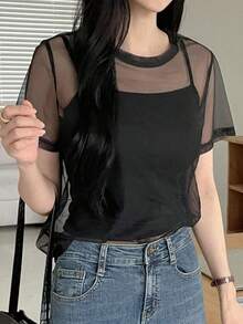 Blusa de mujer de unicolor con cuello redondo, manga corta de malla, top de salida de verano transparente - Negro - Ver 3