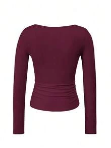 Camiseta ajustada de manga larga con cuello cuadrado para mujer, primavera/verano Y2K, unicolor, sexy, adecuada para el Día de San Valentín y uso casual - Burdeos - Ver 4