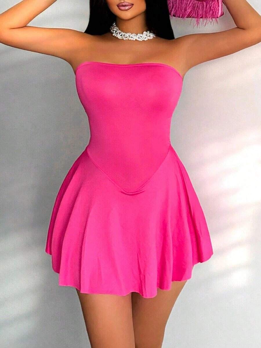 Vestido mini sin tirantes con dobladillo de volantes para mujer - Rosa Fucsia - Ver 1
