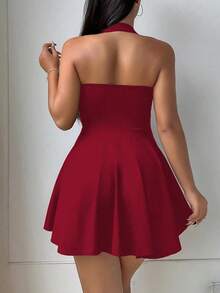 Vestido corto sin mangas de unicolor para mujer, atuendo casual y de uso diario en color borgoña - Burdeos - Ver 3