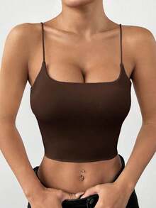 Top básico de tirantes corto acolchado sin sostén para verano - Marrón - Ver 5