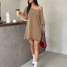 Vintage Washed Loose Cold-Shoulder T-Shirt Dress, Western Music Festival Style, Summer Loose Summer Dress Comfy Dress T Shirt Dresses For Women Lounge Dress Off Shoulder Dresses For Woman ,Summer Dress Loose Dress T Shirt Dress For Women - Gris - Ver 5