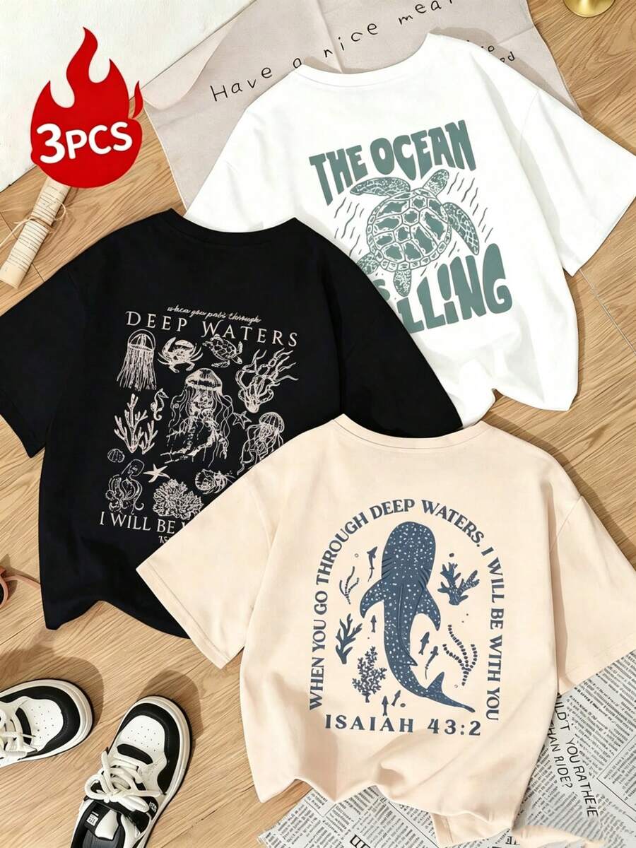 Women's 3-Piece Set Of Short-Sleeved Crew Neck T-Shirts, Minimalist Graphic Print Of Colorful Letters, Sea Turtle, Dolphin And Jellyfish, Versatile, Suitable For Women's Blouses, Casual Holiday Wear, Spring. - 黑色 - 查看 1