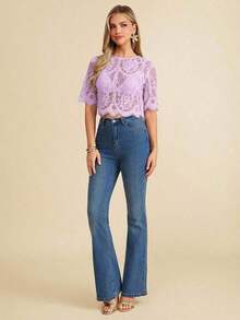 Blusa suelta de manga corta con encaje elegante para mujer, adecuada para la temporada de bodas, citas, primavera y verano, color: Blusa de verano casual de primavera y verano para mujer Blusa blanca Blusa bohemia Blusa de ojal Blusas de verano par - Púrpura malva - Ver 3
