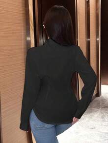 Blusa larga de manga larga con nudo de mujer, color liso, camisa de mujer para primavera y otoño, blusas de manga larga - Negro - Ver 2