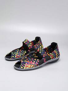 Rhombus Colorblock Plaid Boho Casual Elegant Woven Criss-Cross Embroidered Sneakers, Suitable For Casual, Work, Indoor And Outdoor Wear, All Seasons - Rainbow Purple - View 6