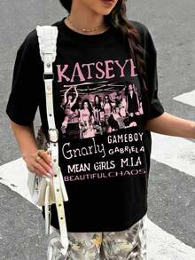 2026 Spring And Autumn, KATSEYE Members' Short Sleeve Crew Neck T-Shirt, Printed Design, Printed T-Shirt, Top, Soft 180g Polyester Fabric, Ideal Gift For Kids For Back To School, Parties, Outdoor Activities, Travel Clothes, Women's Printed T-Shirt - 黑色 - 查看 3