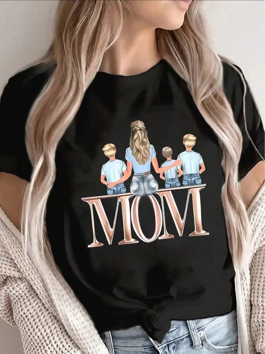 Camiseta de manga corta ligera y duradera para madres, con un diseño gráfico temático familiar, ideal para uso casual en casa o durante salidas, que ofrece un ajuste cómodo para el uso diario. - Negro - Ver 1
