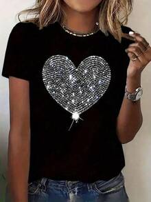 Camiseta de manga corta con estampado de corazones y cuello redondo, top casual para verano y primavera, ropa de mujer Mujer casual diseño corazón brillante con pedrería ajuste regular cuello redondo manga corta primavera verano calle camiseta - Negro - Ver 1
