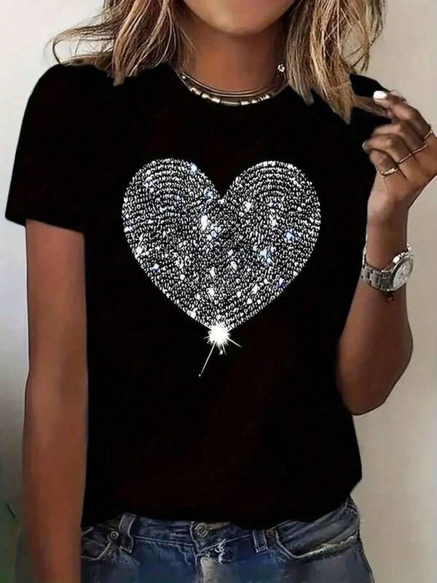 Camiseta de manga corta con estampado de corazones y cuello redondo, top casual para verano y primavera, ropa de mujer Mujer casual diseño corazón brillante con pedrería ajuste regular cuello redondo manga corta primavera verano calle camiseta - Negro - Ver 1