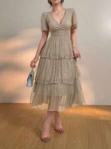 Vestido midi con escote en V, volantes en las mangas y lentejuelas, elegante para invitadas de boda, vestido de fiesta de verano, vestido de graduación para mujeres, vestido brillante de lujo - Gris Claro - Ver 5