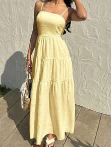 Vestido con escote de tubo plisado de tela texturizada color melocotón claro, con tirantes finos, cintura suelta, estilo relajado para vacaciones - Amarillo claro - Ver 3