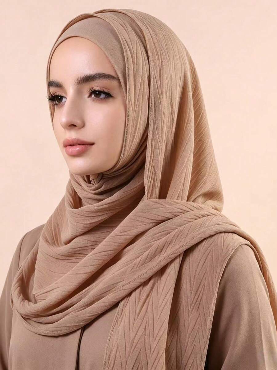 1pc Women's Solid Color Pearl Chiffon Soft Hijab, Women Hijab, Arabic Casual Long Scarf, Conservative Solid Color Head Scarf, Head Scarves Suitable For Middle East Daily Use, Abaya Accessories - Pearl-embellished Chiffon Pleated Long Scarf In Multiple Colors - View 1