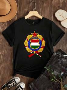 Camia de mujer de cuello redondo, manga corta, opciones de color negro y blanco, impresión del escudo de armas de Hungría, diseño de bandera nacional, camia gráfica, tops de verano, ropa casual para mujeres, camias gráficas, tops cortos para mujeres, tops para mujeres, ropa vintage de algodón, ropa linda de, atuendo de Navidad para mujeres, vestidos elegantes de mujer, camias de verano, tops gráficos, atuendos de verano para mujeres, camias gráficas, tops cortos para mujeres, tops para mujeres, ropa vintage de algodón linda de, atuendo de Navidad para mujeres, vestidos elegantes de mujer Ideal para regalar. Camiseta de mujer. Elegante. Estilo bohemio. Prenda suave, transpirable y cómoda, perfecta para primavera, verano y otoño; ideal para vacaciones, viajes y uso diario. Perfecta para ver un partido. - Negro - Ver 7