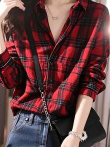 Áo sơ mi dài tay kẻ caro mới dành cho nữ có nút cài phía trước - Đỏ - Xem 2