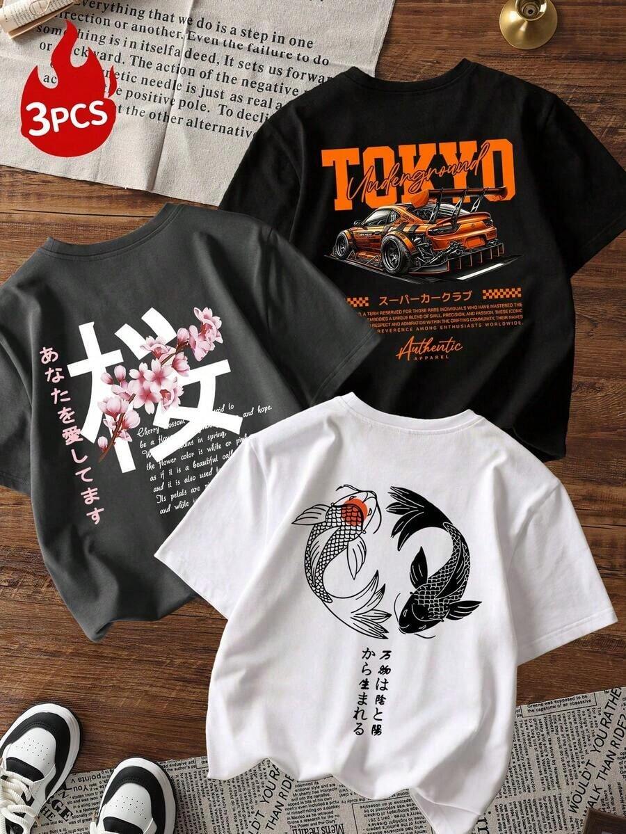 Women's Summer T-Shirt, Printed With Letters And Koi Fish Patterns, Round Neck, Short Sleeve, Casual Loose Fit, Versatile Vacation Style Top, Suitable For Daily Wear On Vacation, Fashionable Summer Outfit. - 黑色 - 查看 1
