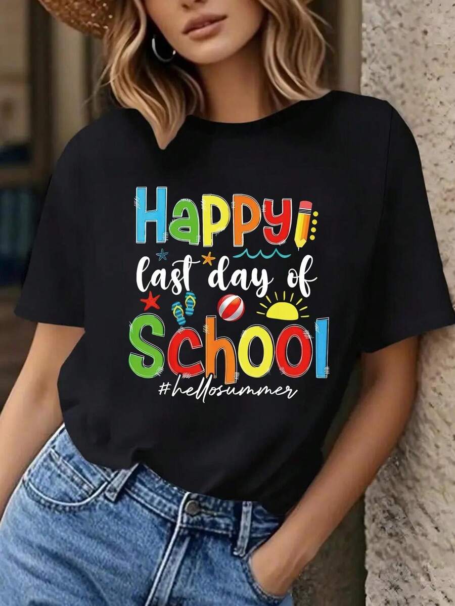 Women's Casual T-Shirt With A Cheerful And Fun Design, Perfect For The Weekend. It Features Short Sleeves, A Round Neck, And A Longer Cut, Making It Ideal For Spring And Summer. This Stylish Item Is Made From Durable Fabric. - 黑色 - 查看 1