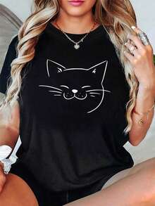 Designed For Modern, Stylish, And Comfortable Women, This Women's Cat Face And Body Print T-Shirt Features A Short-Sleeved, Round-Neck Top, Perfect For Spring And Summer Casual Wear. Made With Premium Soft And Breathable Fabric, It's Designed For All-Day Comfort And Versatile Everyday Wear, Ideal For Casual Outings. - 黑色 - 查看 1