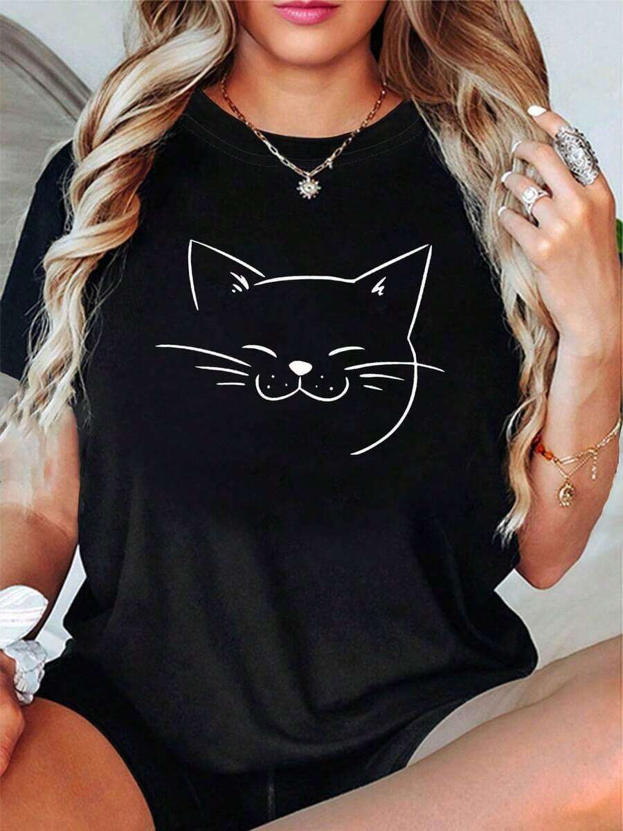 Designed For Modern, Stylish, And Comfortable Women, This Women's Cat Face And Body Print T-Shirt Features A Short-Sleeved, Round-Neck Top, Perfect For Spring And Summer Casual Wear. Made With Premium Soft And Breathable Fabric, It's Designed For All-Day Comfort And Versatile Everyday Wear, Ideal For Casual Outings. - 黑色 - 查看 1