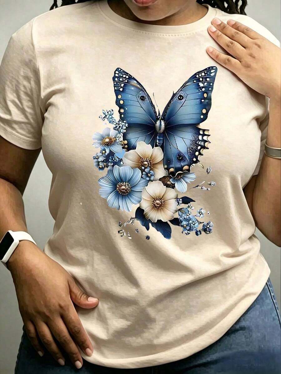 Playera para Mujer con Mariposa Azul - Estilo Elegante Oversize Blanco-Vintage Street Style Unisexoose Cotton Short Sleeve Crew Neck T-Shirt - Albaricoque - Ver 1