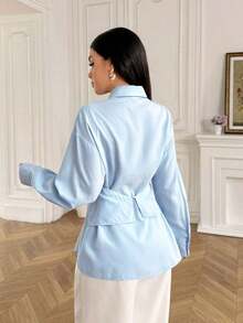 Camisa de manga larga de unicolor minimalista para mujer, uso casual de todos los días - Azul - Ver 2