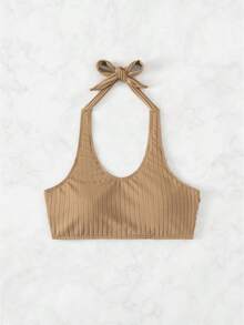 Top de bikini sin tirantes de color sólido con cuello halter y lazos, traje de baño de playa sin espalda. - marrón - Ver 8