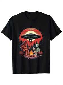 Funny Alien Campfire T-Shirt - Sasquatch And Aliens Roasting Marshmallows Design - Unisex Casual T-Shirt For Men And Women - Comfortable And Stretchy Fabric - Fun Gift For Cryptozoology Fans - 黑色 - 查看 1