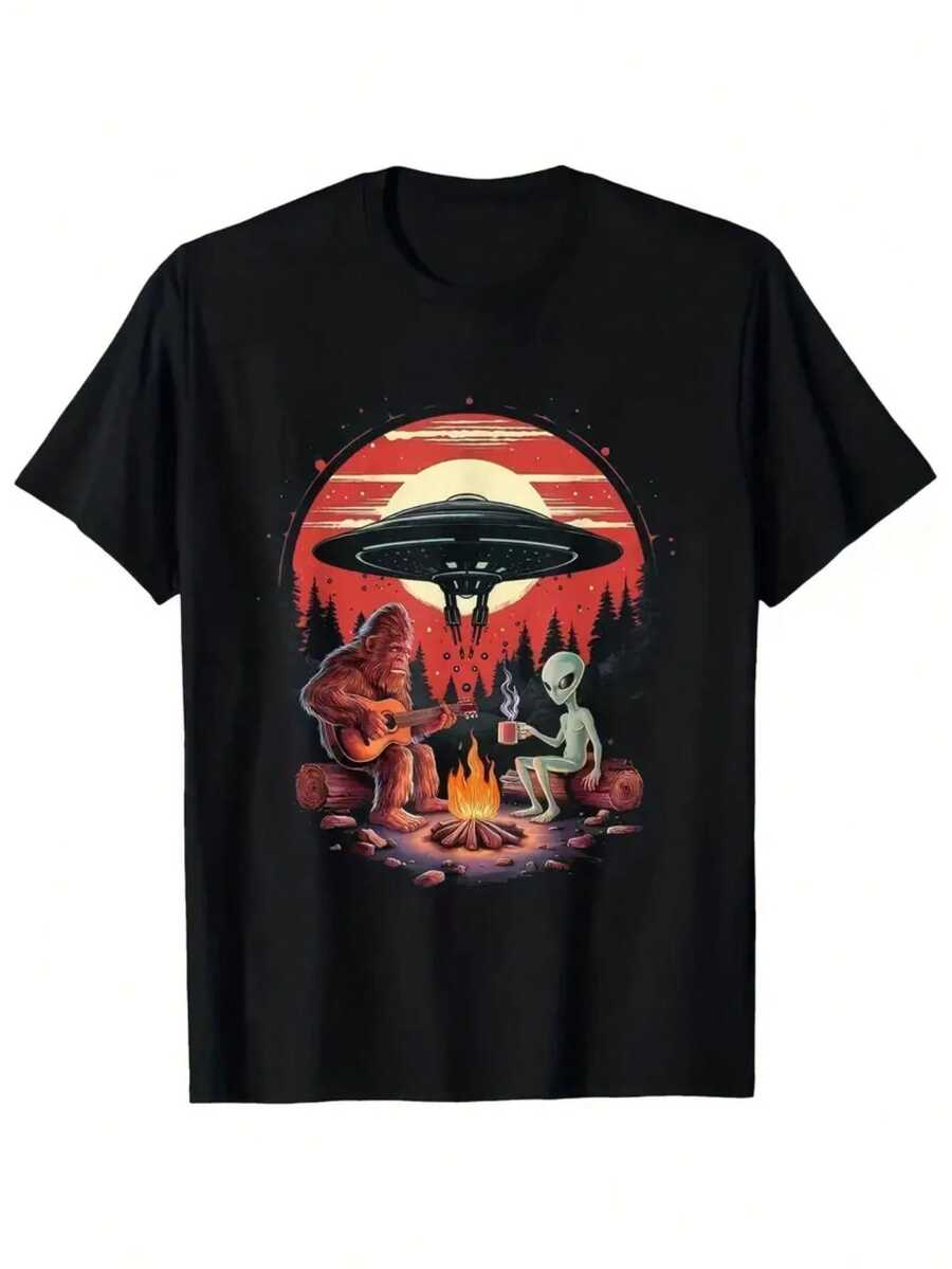 Funny Alien Campfire T-Shirt - Sasquatch And Aliens Roasting Marshmallows Design - Unisex Casual T-Shirt For Men And Women - Comfortable And Stretchy Fabric - Fun Gift For Cryptozoology Fans - 黑色 - 查看 1
