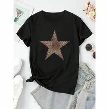 Camiseta de Mujer con Estampado de Leopardo y Estrellas, Manga Corta, Cuello Redondo, Corte Holgado, Suave, Básica, Estilo Casual de Verano, Ideal para Jeans y Shorts - Negro - Ver 5