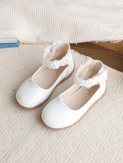 Girls' Mary Jane Shoes, Lace Flower Pearl Ankle Strap Shoes, Princess Style White Formal Dress Shoes For Wedding Party