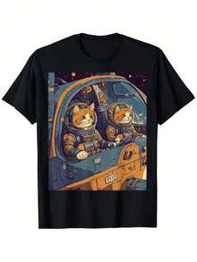 Whimsical Cats Astronaut Space Adventure T-Shirt - Black Cotton Short Sleeve Crew Neck T-Shirt For Men And Women, Casual Design With Cartoon Cats In Space Vehicle, Casual Wear | Whimsical T-Shirt | Vibrant Graphic, Space Theme, Ideal For Christmas - 黑色 - 查看 7