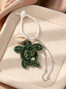 1pc Summer Bohemian Ocean Style Handmade Non-Woven Fabric Crystal Turtle Pendant Silicone Rope Bag Charm, Suitable For Women's Casual, Beach, Holiday Wear. Handmade Shape May Have Slight Variations. - Green - View 3