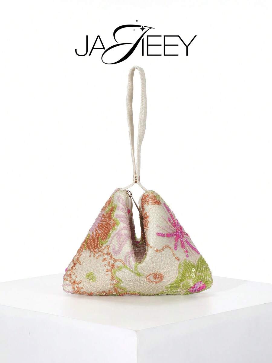 Floral & Leaf Sequin Mesh Decor Magnetic Triangle Handbag, Casual Beach Summer Vacation Style, Suitable For Party, Wedding, Prom (Pattern Random) - Multicolor - View 1
