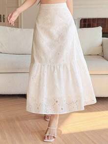 Falda elegante de mujer con volantes bordados y dobladillo calado en color albaricoque - Blanco - Ver 3