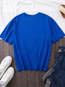 Playera para Mujer 100% Algodón Transpirable | Camiseta Casual de Manga Corta Rosa Brillante para Mujeres - Top de Cuello Redondo de Suave con Estampado Geométrico de Rodajas y Hojas de Naranja Vibrante, Lavable a Máquina para Atuendo Casual de Primavera Verano, Camiseta con Estampado de Frutas, Tela para Todas las Estaciones, - Ideal para el Verano - Azul - Ver 3