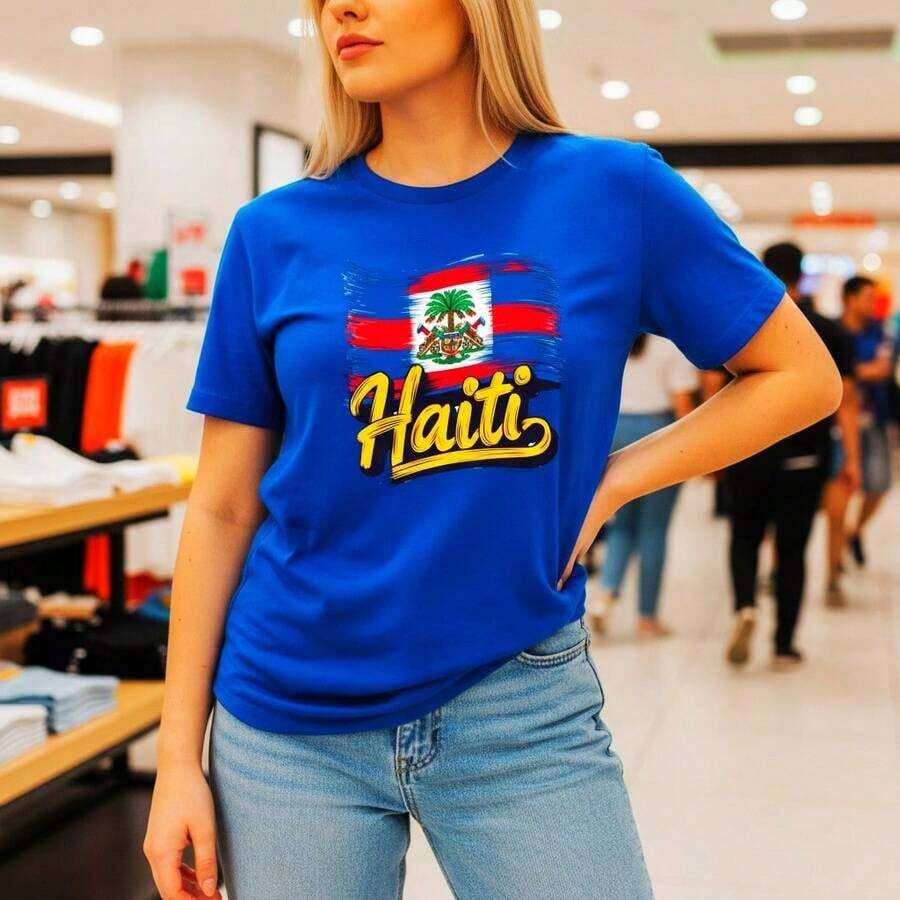 Camiseta de algodón para mujer con estampado gráfico de la bandera de Haití, manga corta, cuello redondo, estilo casual, corte holgado para uso diario, tallas S-5XL disponibles, camiseta con diseño patriótico, camiseta básica suave y cómoda, blusa de verano a la moda. - Azul - Ver 1
