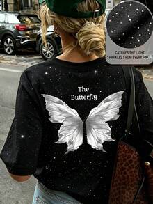 Camiseta de manga corta con cuello redondo, nueva y casual, con brillo y lentejuelas, una camiseta suelta y versátil de moda para mujeres - Negro 2 - Ver 7