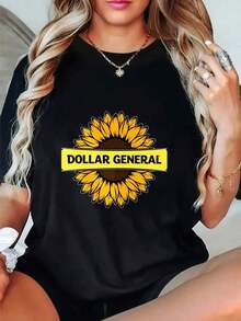 Camisetas de Algodón con Cuello Redondo y Estampado Gráfico para Mujer, Estampado con el Logo de Girasol de Dollar General, Camisetas Casuales de Manga Corta de Talla Grande, Camisetas Unisex, Camisetas de Moda para Mujer de Primavera y Verano. - Negro - Ver 8